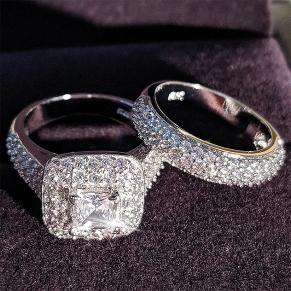 NEW 925 Sterling Silver Princess Halo Ring Set